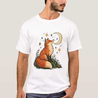星空を見つめるキツネ 三日月と星々 Tシャツ