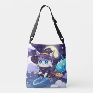 星空を飛ぶちび魔女猫 – かわいい魔法使い クロスボディバッグ