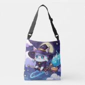 星空を飛ぶちび魔女猫 – かわいい魔法使い クロスボディバッグ (正面)