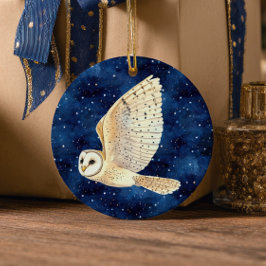星空を飛ぶフクロウのファーストクリスマスフォト セラミックオーナメント