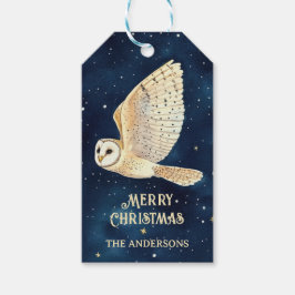 星空を飛ぶフクロウの水彩クリスマス ギフトタグ