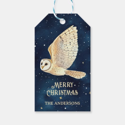 星空を飛ぶフクロウの水彩クリスマス ギフトタグ (正面)