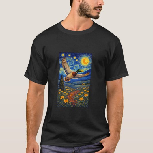 星空を飛ぶ渡り鳥のマガモ Tシャツ (正面)