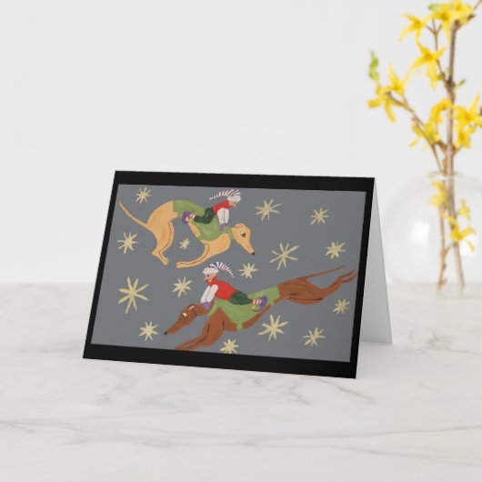 星空を駆けるグレイハウンドとエルフのクリスマスカード カード (黄色い花)