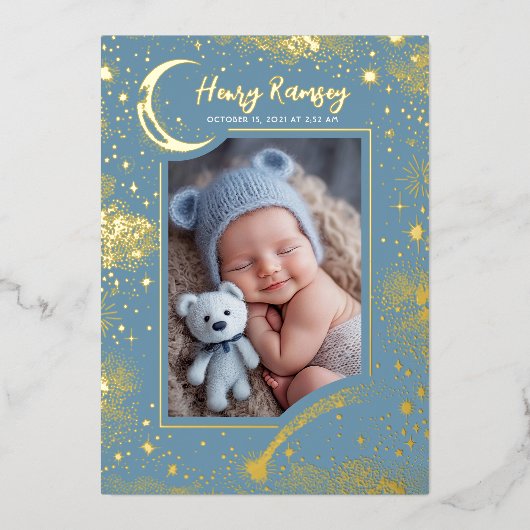 星空ソフトブルー写真生まれたばかりの誕生 箔招待状 (正面)