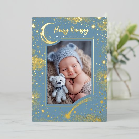 星空ソフトブルー写真生まれたばかりの誕生 箔招待状 (立ち正面)