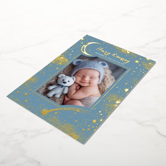 星空ソフトブルー写真生まれたばかりの誕生 箔招待状 (回転した状態)