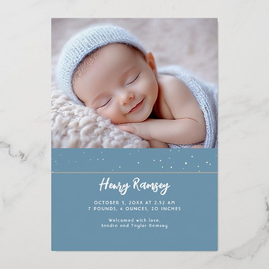 星空ソフトブルー写真生まれたばかりの誕生 箔招待状 (裏面)