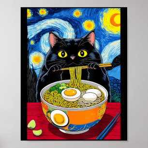 星空ナイトブラックファットキャットラーメンおもしろいブラックファットC ポスター