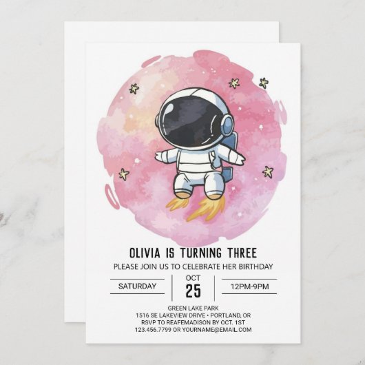 星空ピンクエクスプローラーズ宇宙飛行士誕生日 招待状 (正面/裏面)