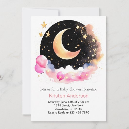 星空宇宙アドベンチャーピンクガールベビーシャワー 招待状 (正面)