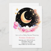 星空宇宙アドベンチャーピンクガールベビーシャワー 招待状 (正面/裏面)