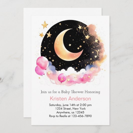 星空宇宙アドベンチャーピンクガールベビーシャワー 招待状 (正面/裏面)