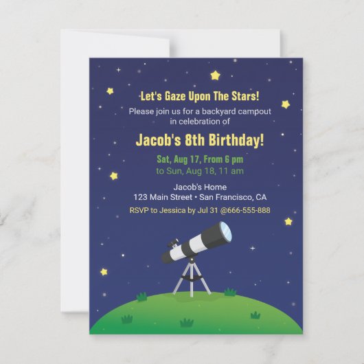 星空観察キャンプ 天文学 キッズ 誕生日 インビテーション (正面)