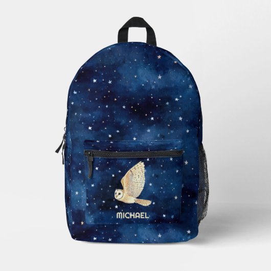 星空飛んでいるの夜水の色名を横切るフクロウ プリントバックパック (正面)