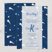 星空 青 水彩 モノグラム ベビーシャワー 男の子 招待状 (正面/裏面)