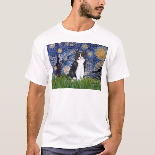星空 - 黒白猫 Tシャツ (正面)