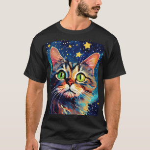 星絵を描付きの緑の目をした猫 Tシャツ