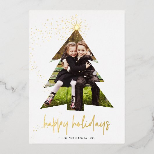 星輝く |ハッピーホリデー写真 箔シーズンカード (正面)