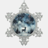 星降る冬の夜の鹿 スノーフレークピューターオーナメント (正面)