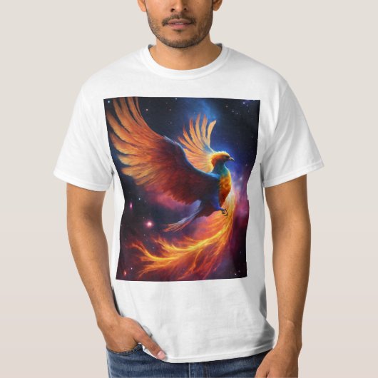 :星雲フェニックス:銀河の渦巻きの宇宙鳥 Tシャツ (正面)