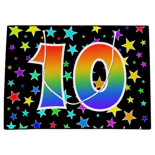 星+カラフルレインボーパターン「10」イベント番号 ラージペーパーバッグ (正面)