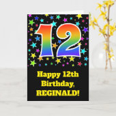 星+カラフルレインボーパターン「12」誕生日番号 カード (黄色い花)