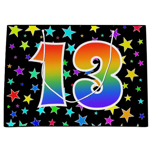 星+カラフルレインボーパターン「13」イベント番号 ラージペーパーバッグ (正面)