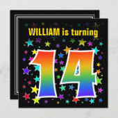 星+カラフルレインボーパターン「14」誕生日番号 招待状 (正面/裏面)