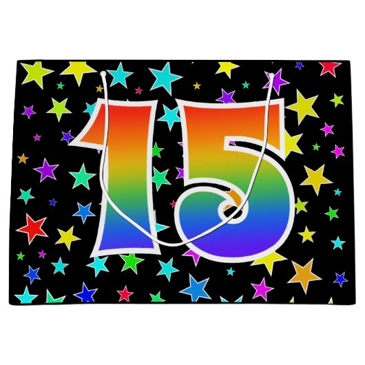 星+カラフルレインボーパターン「15」イベント番号 ラージペーパーバッグ (正面)
