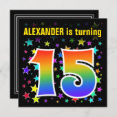 星+カラフルレインボーパターン「15」誕生日番号 招待状 (正面/裏面)