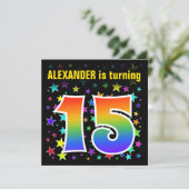 星+カラフルレインボーパターン「15」誕生日番号 招待状 (スタンド正面)