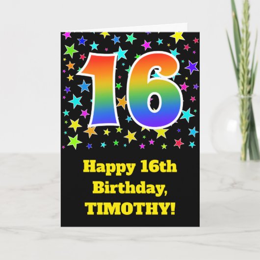 星+カラフルレインボーパターン「16」誕生日番号 カード (正面)
