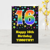 星+カラフルレインボーパターン「16」誕生日番号 カード (黄色い花)