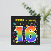 星+カラフルレインボーパターン「16」誕生日番号 招待状 (スタンド正面)