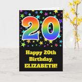 星+カラフルレインボーパターン「20」誕生日番号 カード (黄色い花)