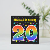 星+カラフルレインボーパターン「20」誕生日番号 招待状 (スタンド正面)