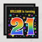 星+カラフルレインボーパターン「21」誕生日番号 招待状 (正面/裏面)