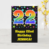 星+カラフルレインボーパターン「22」誕生日番号 カード (黄色い花)