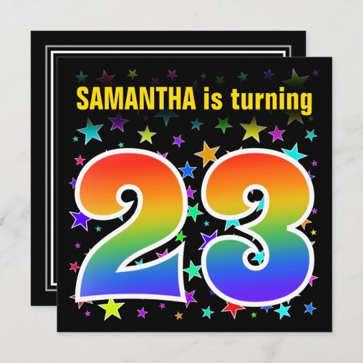 星+カラフルレインボーパターン「23」誕生日番号 招待状 (正面/裏面)