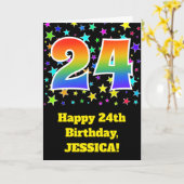 星+カラフルレインボーパターン「24」誕生日番号 カード (黄色い花)