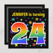 星+カラフルレインボーパターン「24」誕生日番号 招待状 (正面/裏面)