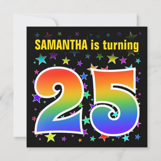 星+カラフルレインボーパターン「25」誕生日番号 招待状 (正面)