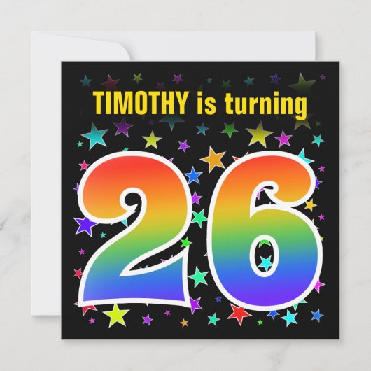 星+カラフルレインボーパターン「26」誕生日番号 招待状 (正面)