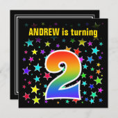 星+カラフルレインボーパターン「2」誕生日番号 招待状 (正面/裏面)