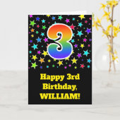 星+カラフルレインボーパターン「3」誕生日番号 カード (黄色い花)