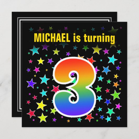 星+カラフルレインボーパターン「3」誕生日番号 招待状 (正面/裏面)