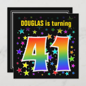 星+カラフルレインボーパターン「41」誕生日番号 招待状 (正面/裏面)