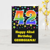 星+カラフルレインボーパターン「42」誕生日番号 カード (黄色い花)