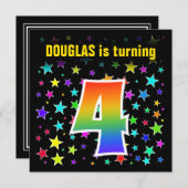 星+カラフルレインボーパターン「4」誕生日番号 招待状 (正面/裏面)